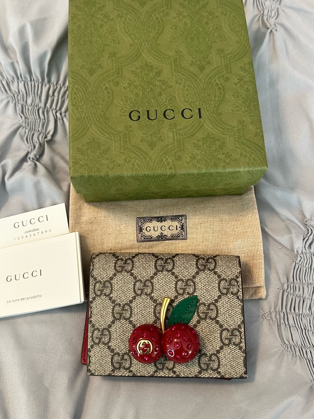Gucci Beige GG Supreme Wallet with Red Cherry Appliqué